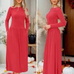 NWOT - ZESICA Red Long Sleeve Maxi Dress Flowy Solid Holiday Party Outfit Small